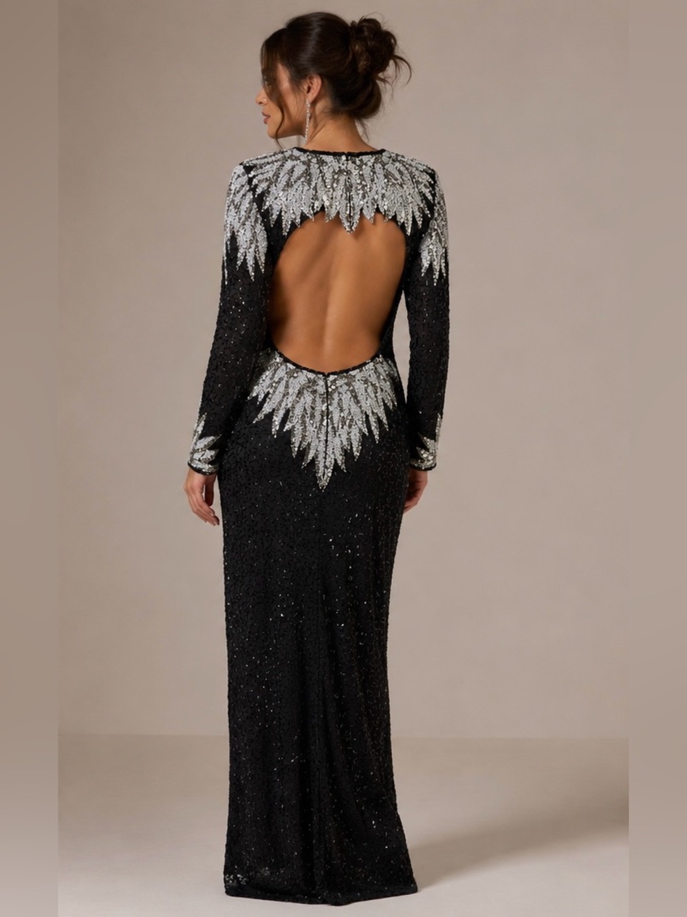 Vintage Black Silver Beaded Sequin Open Back Maxi Dress Size M Long Sleeve - Picture 2 of 8